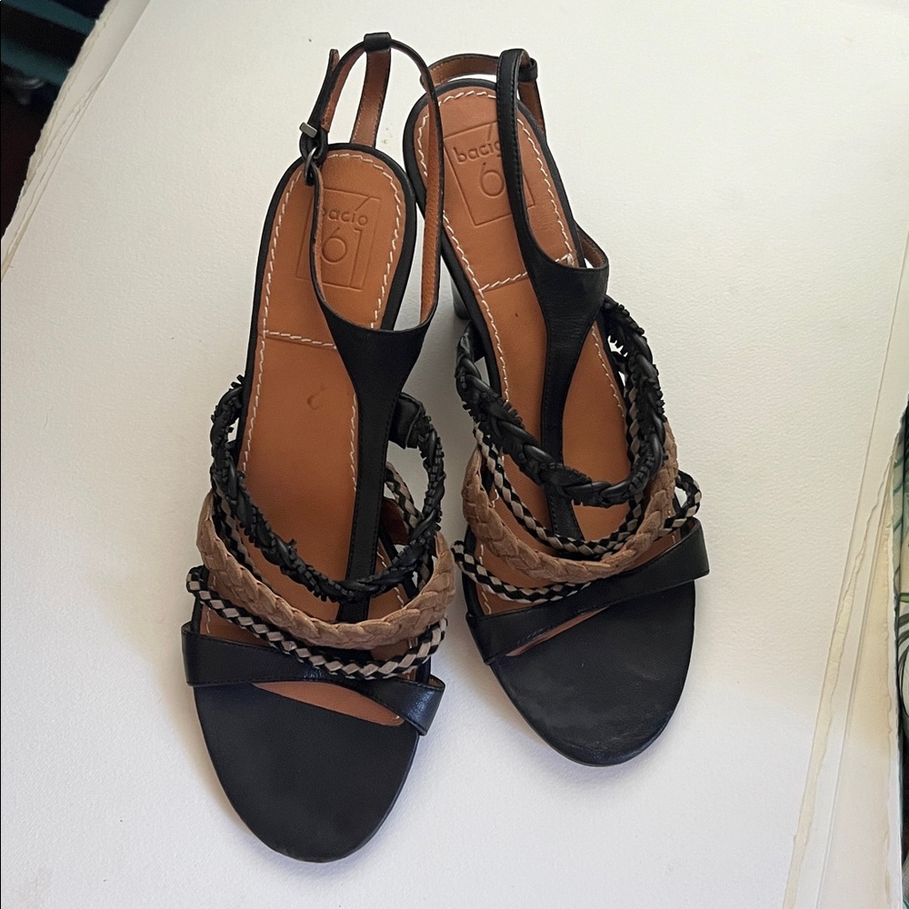 Bacio 61 Women’s Heels Shoes Size 10 Black Leather Strappy Low Heel
